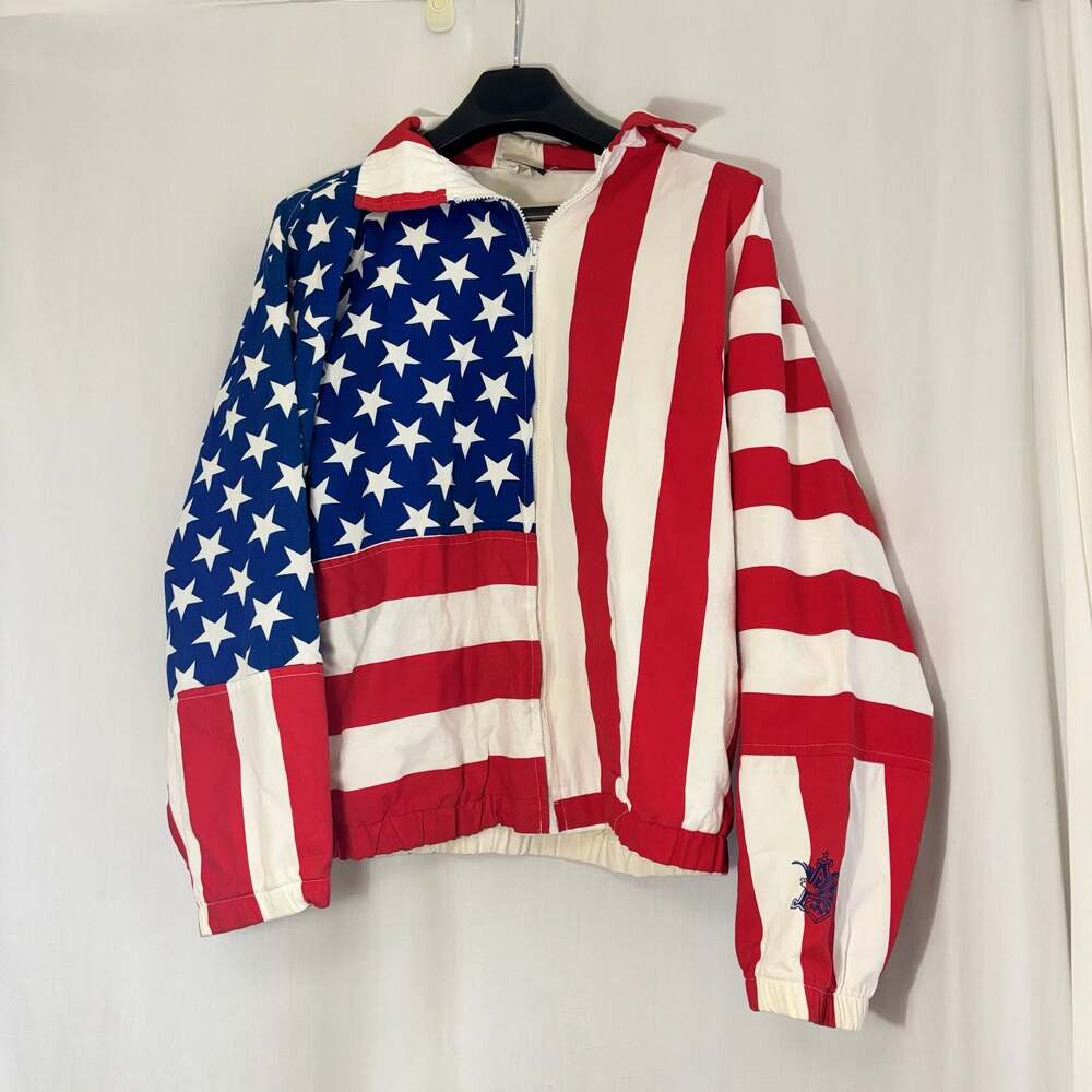 Carabella Collection Vintage American Flag Print Zip-Up Bomber Jacket